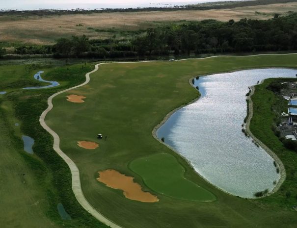 Limassol Greens aerial view of green, bunkers and lake