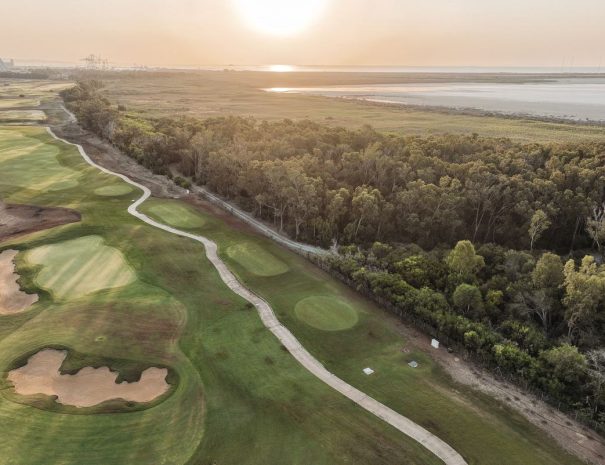Limassol Greens aerial view of fairways along the eucalyptus forest
