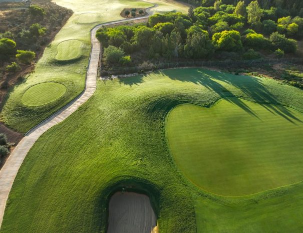 Limassol Greens aerial view of a green, bunker and tees beside the trees